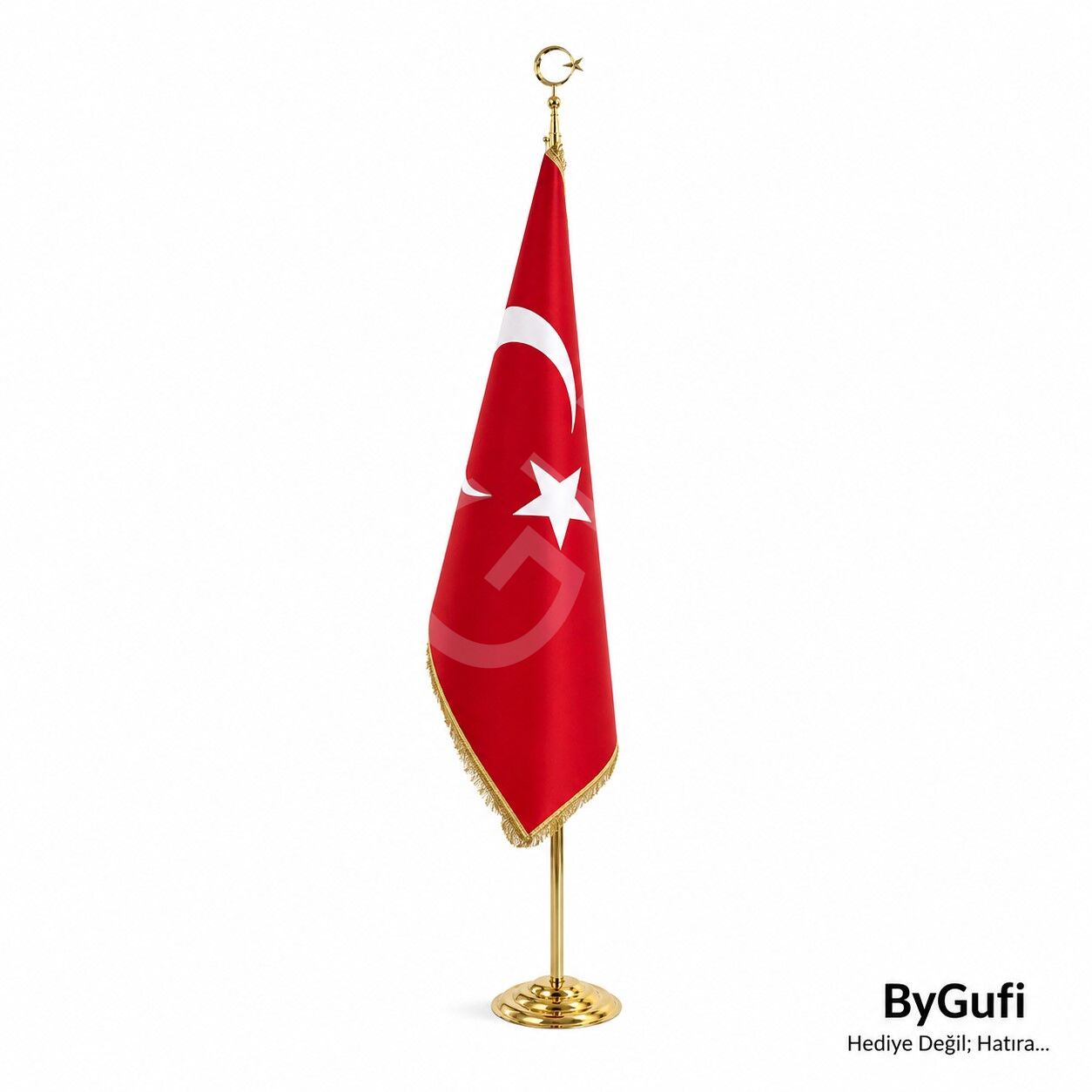 ByGufi Hediye Türk Makam Bayrak (Gold Direkli, Saçaklı)