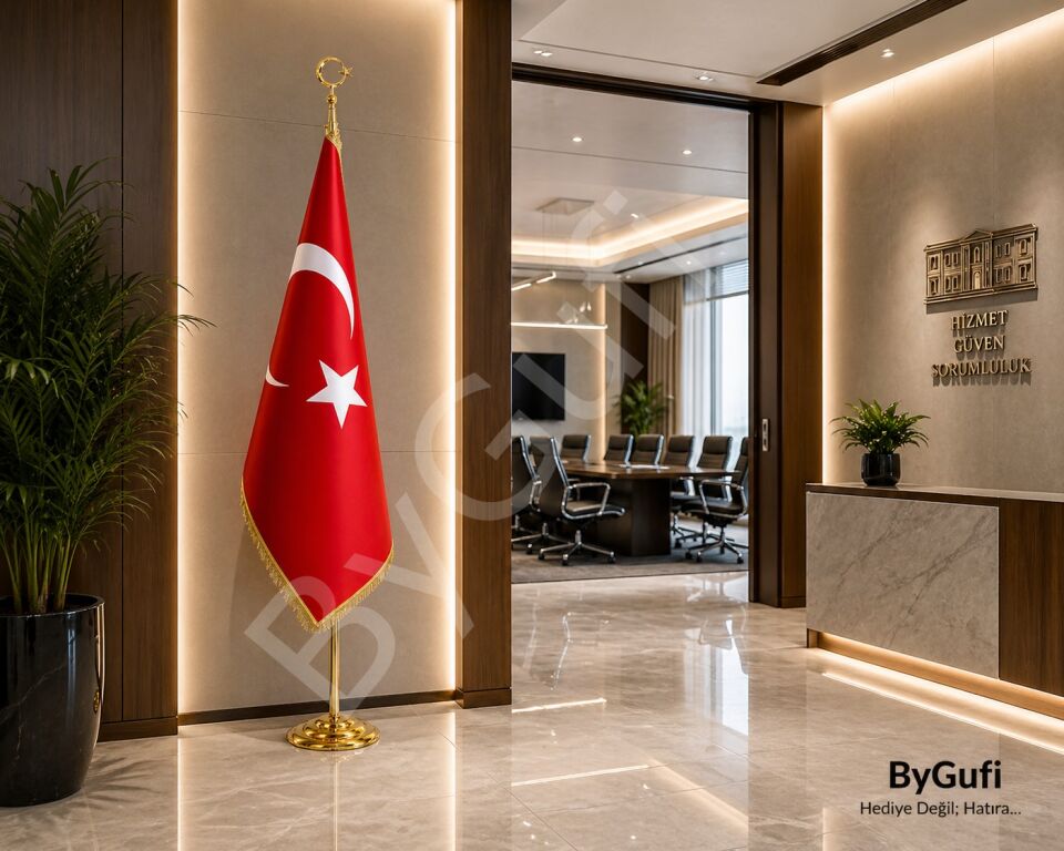 ByGufi Hediye Türk Makam Bayrak (Gold Direkli, Saçaklı)