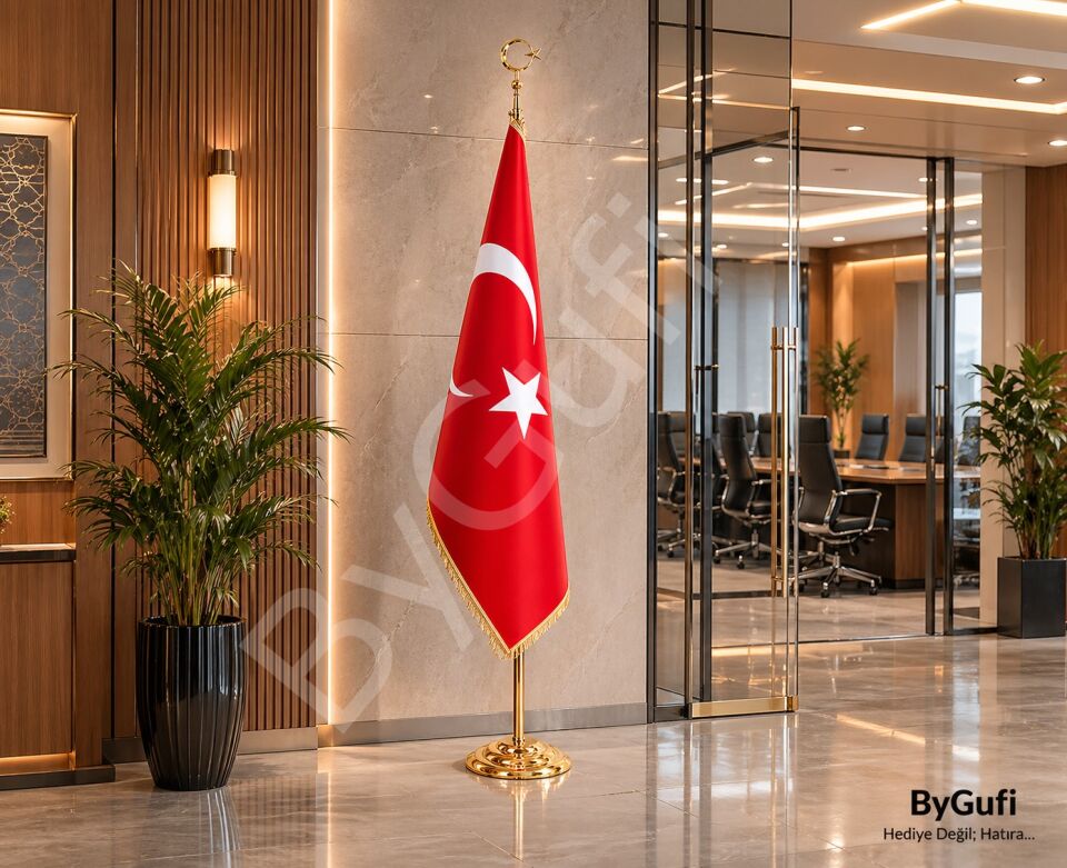 ByGufi Hediye Türk Makam Bayrak (Gold Direkli, Saçaklı)