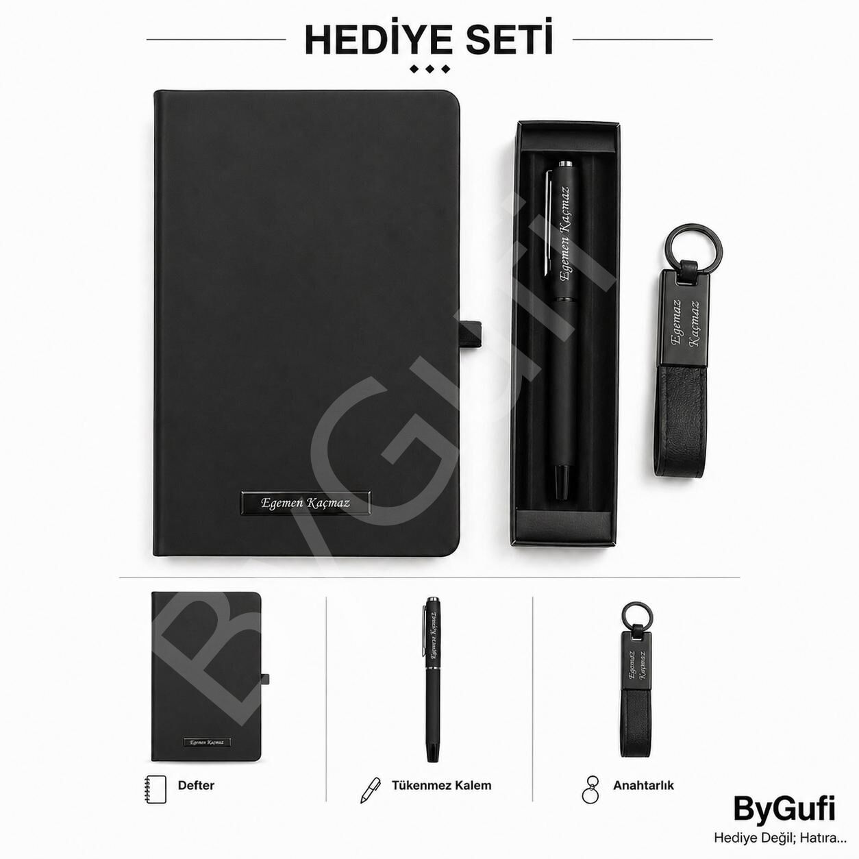 ByGufi İsme Özel Anahtarlık - Kalem - Defter Hediye Seti