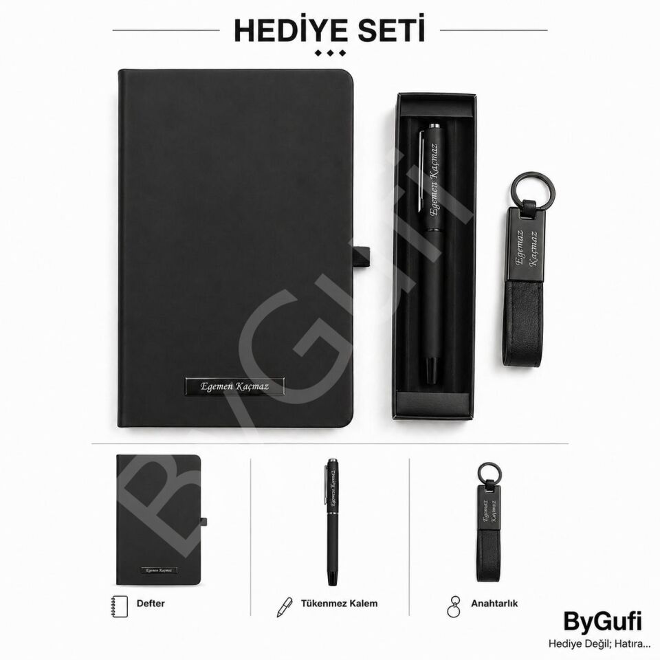 ByGufi İsme Özel Anahtarlık - Kalem - Defter Hediye Seti