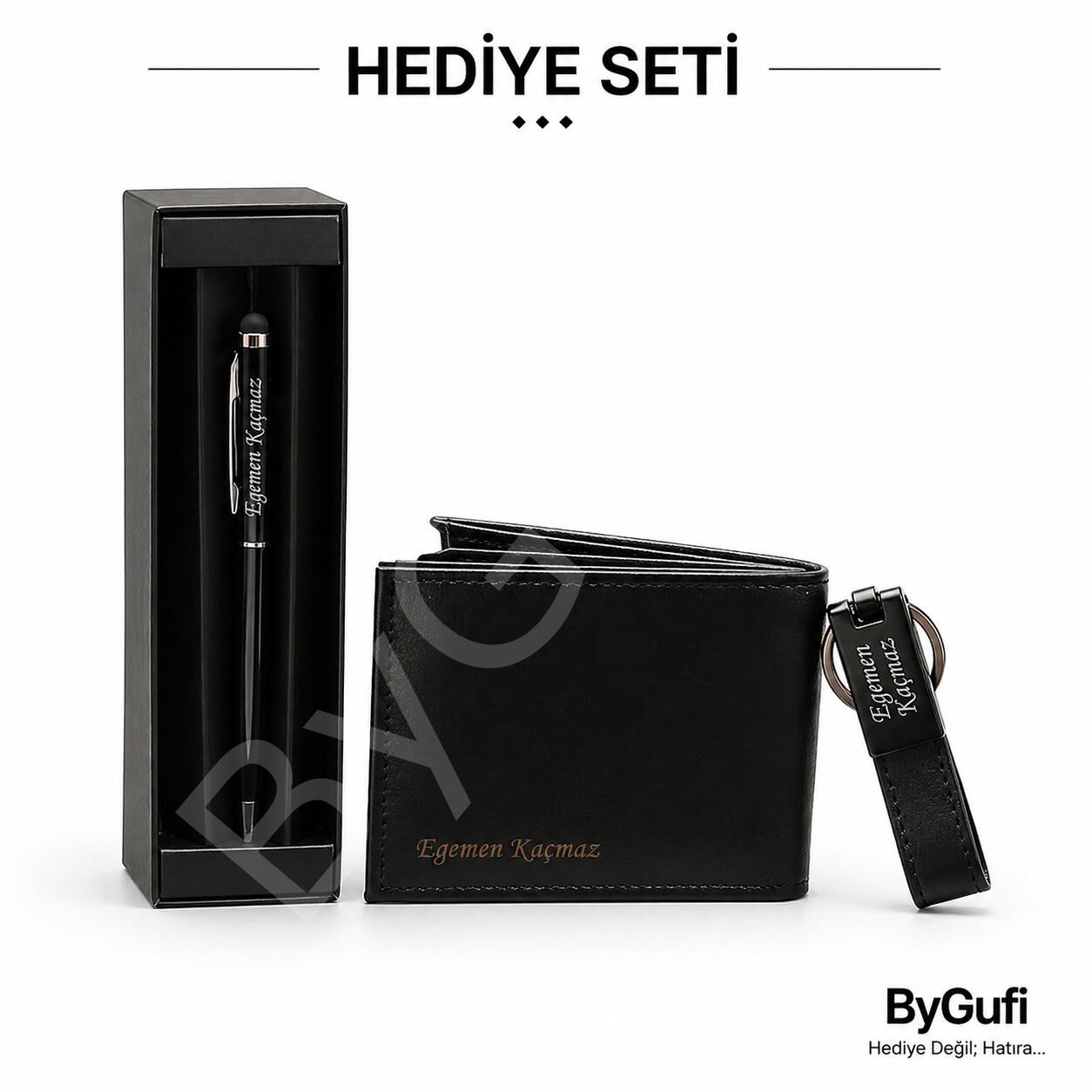 ByGufi İsme Özel Cüzdan - Anahtarlık - Kalem Hediye Seti