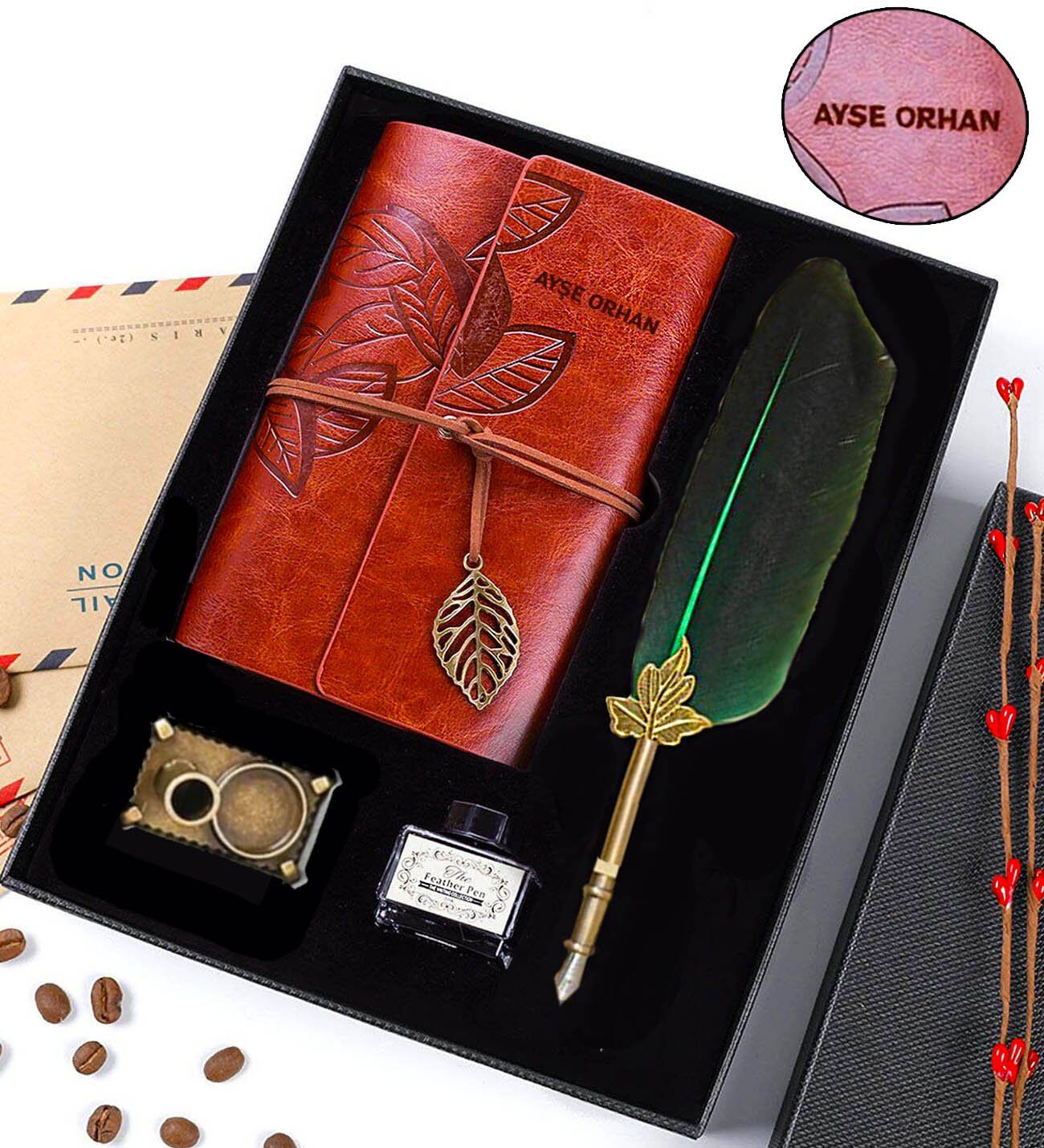 ByGufi İsme Özel Deri Hatıra Defteri Divit Kalem Hediye Seti