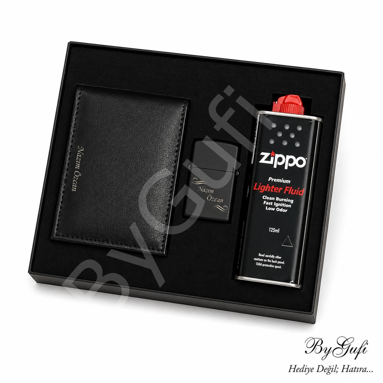 ByGufi İsme Özel Çakmak - Zippo Benzin - Cüzdan Hediye Seti