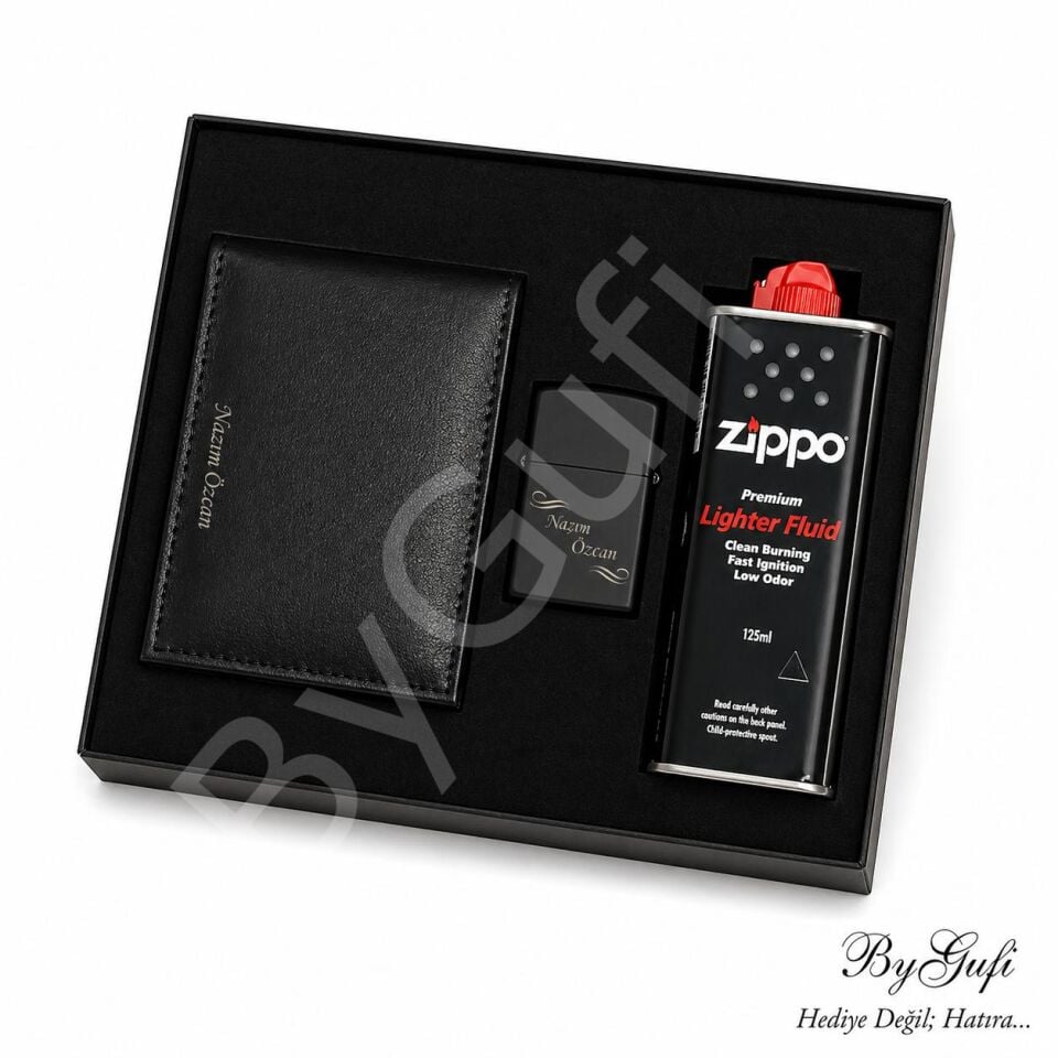 ByGufi İsme Özel Çakmak - Zippo Benzin - Cüzdan Hediye Seti