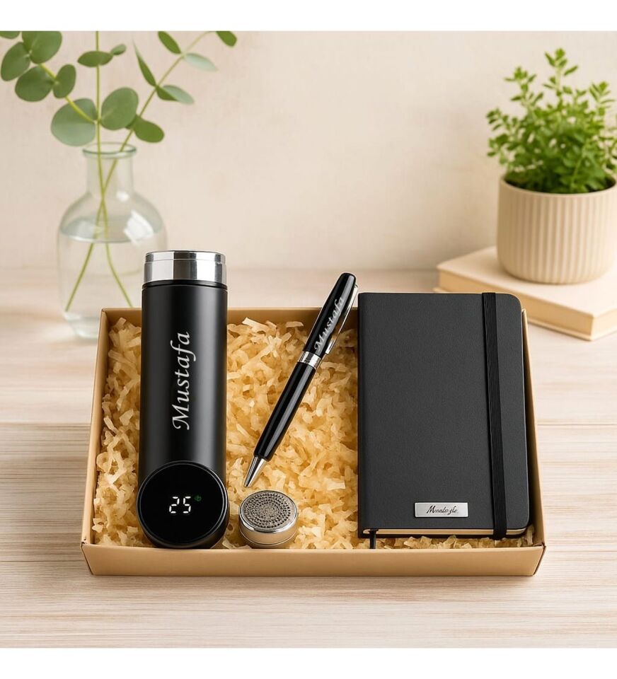 ByGufi İsme Özel Dereceli Termos,Defter ve Kalem Hediye Seti