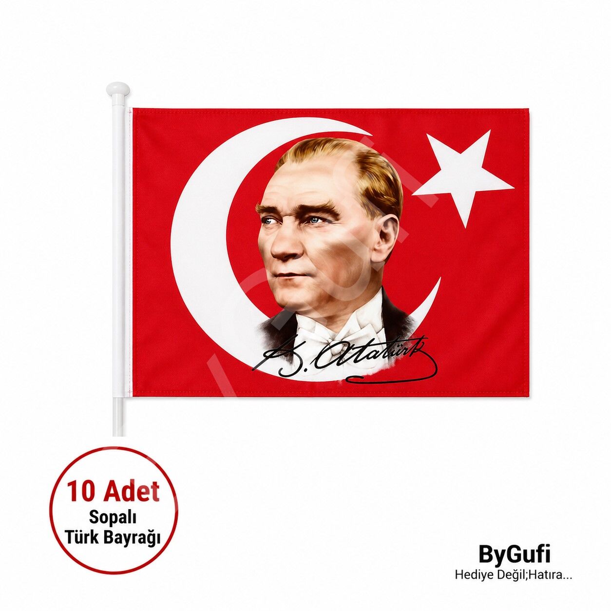 ByGufi 10 Adet Sopalı Atatürk Bayrağı 30x45 cm