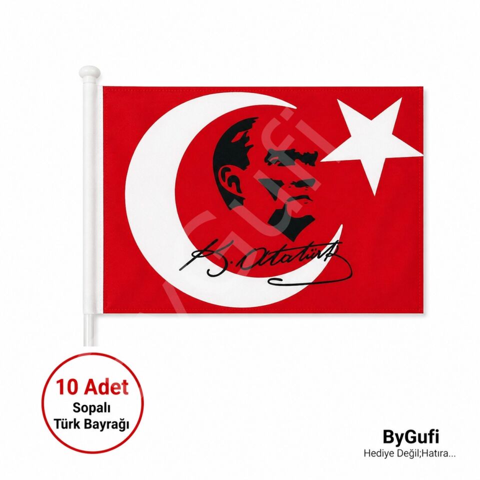 ByGufi 10 Adet Sopalı Atatürk Bayrağı 30x45 cm