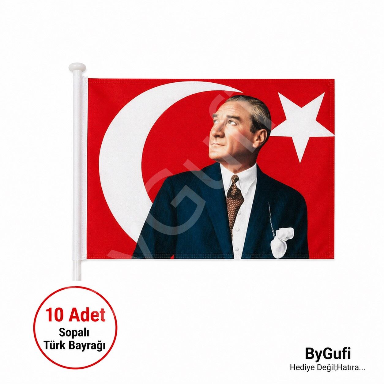 ByGufi 10 Adet Sopalı Atatürk Bayrağı 30x45 cm