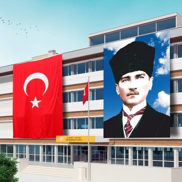 ByGufi Kurumsal Hediye – Türk Bayrağı + Atatürk Posteri 400x600 cm | Özel Tasarım | Raşel & Saten Kumaş