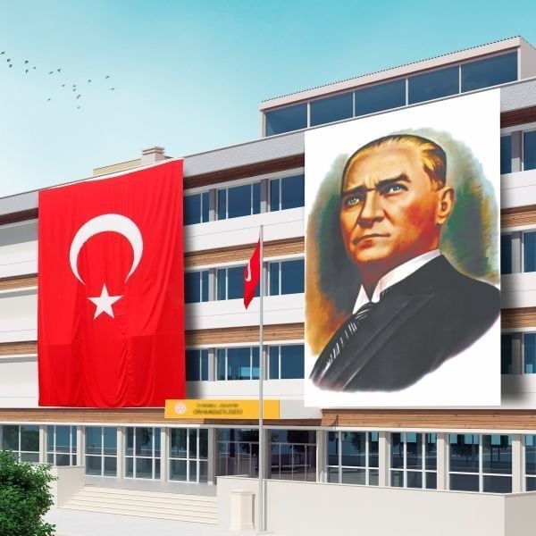 ByGufi Kurumsal Hediye – Türk Bayrağı + Atatürk Posteri 400x600 cm | Özel Tasarım | Raşel & Saten Kumaş