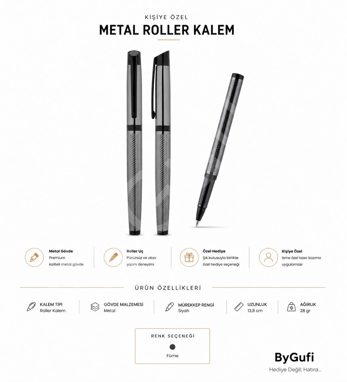 ByGufi İsme Özel Hediye Metal Roller Kalem 1111