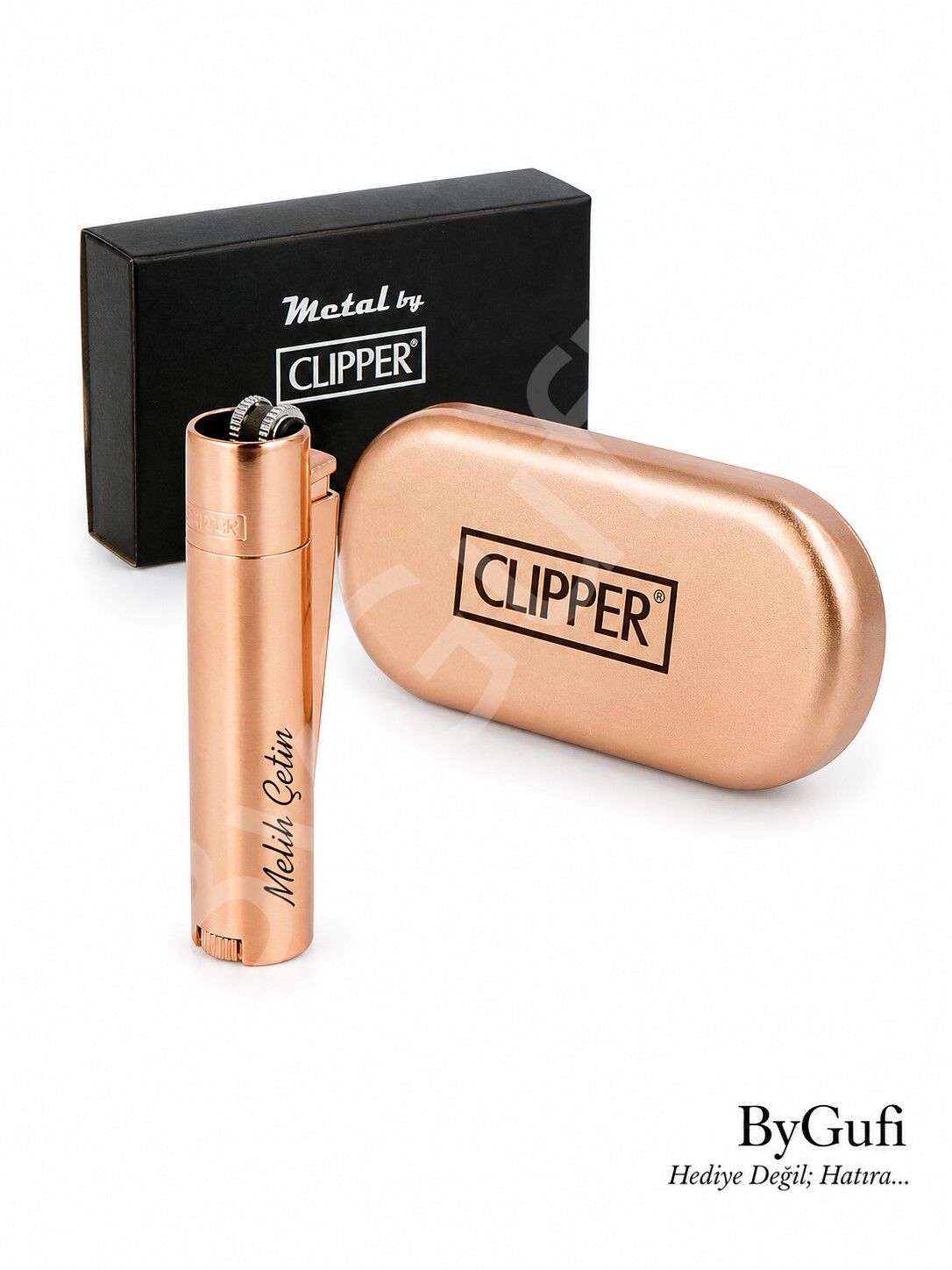 ByGufi İsme Özel Hediye Clipper Metal Çakmak – Gold