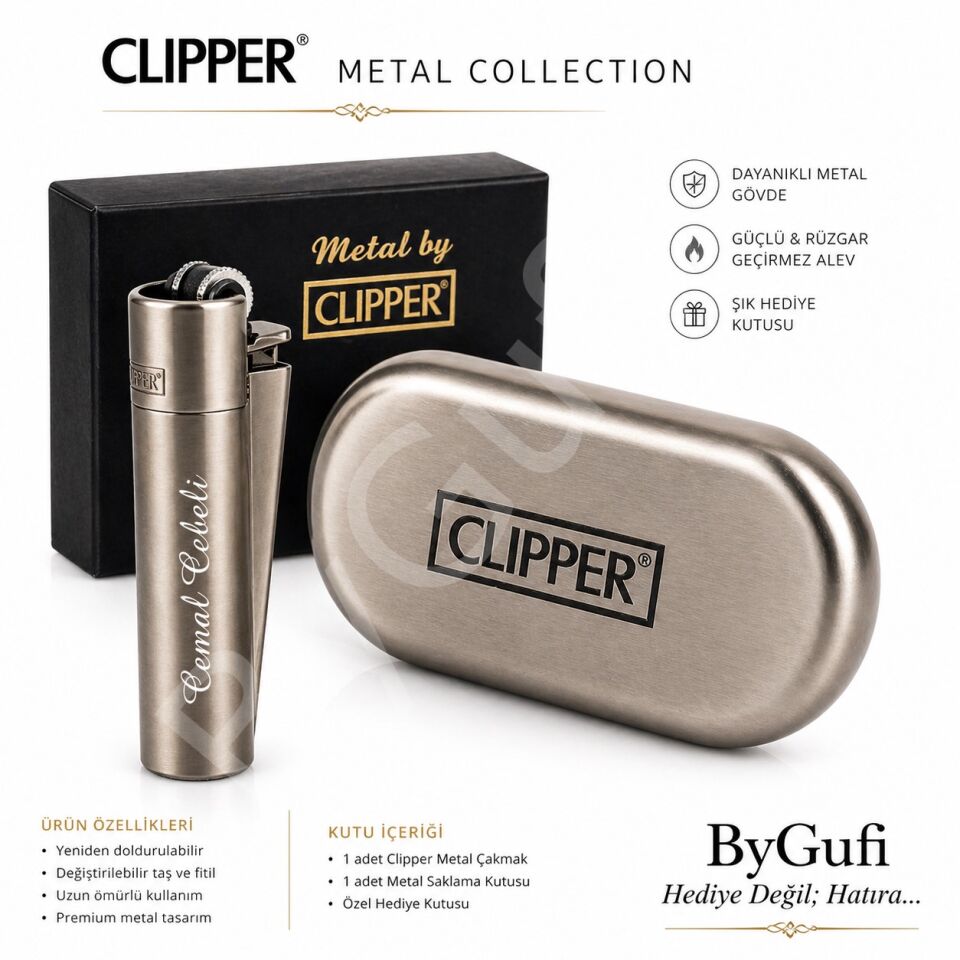 ByGufi İsme Özel Clipper Metal Çakmak – Silver