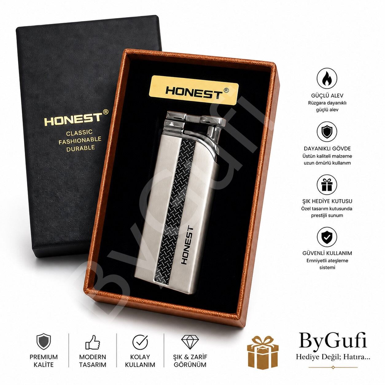 ByGufi İsme Özel Honest Çakmak – Gümüş Desenli