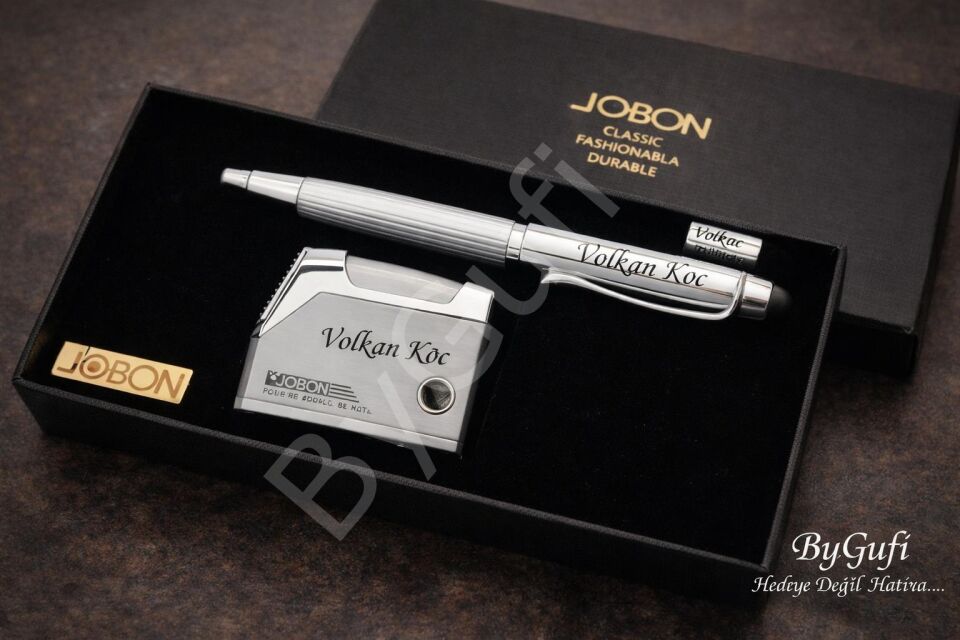 ByGufi Kişiye Özel JOBON Çakmak ve Kalem Seti | Lazer İsim Baskılı Premium Hediye Seti