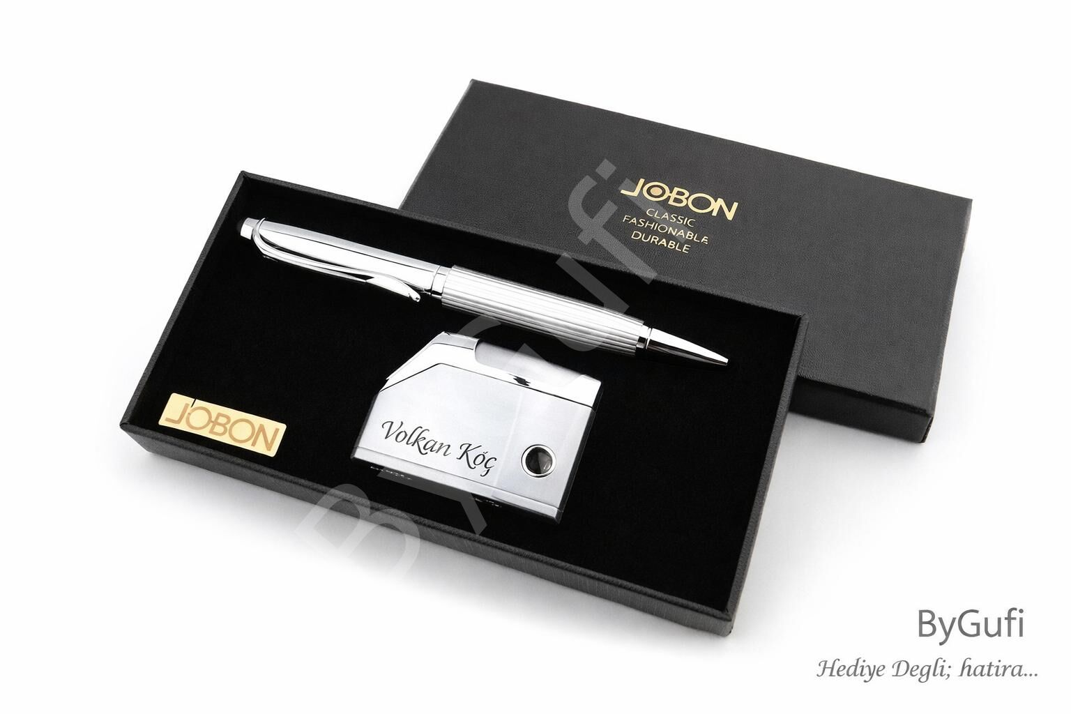 ByGufi Kişiye Özel JOBON Çakmak ve Kalem Seti | Lazer İsim Baskılı Premium Hediye Seti