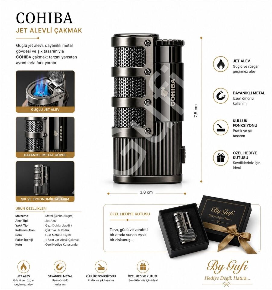 ByGufi Kişiye Özel Hediye COHIBA 3 Pürmüzlü Puro Çakmağı – Siyah