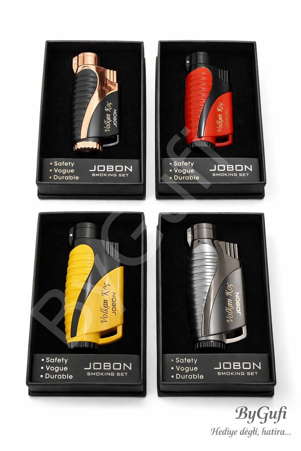 ByGufi Kişiye Özel Jobon Puro Çakmağı – Rüzgarda Sönmez Izgaralı, Lazer Baskılı Hediye