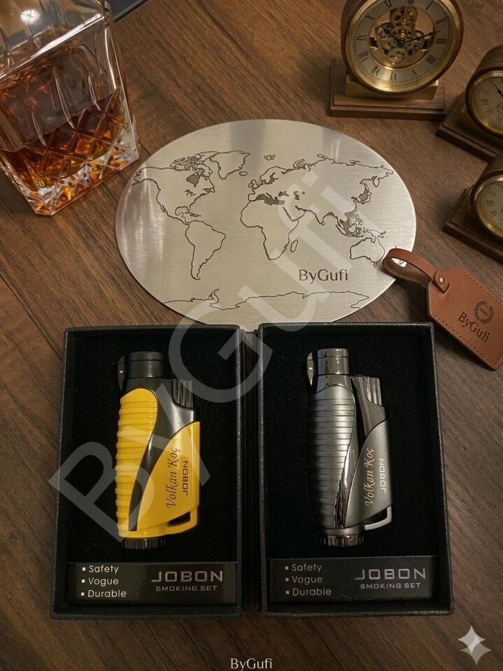 ByGufi Kişiye Özel Jobon Puro Çakmağı – Rüzgarda Sönmez Izgaralı, Lazer Baskılı Hediye