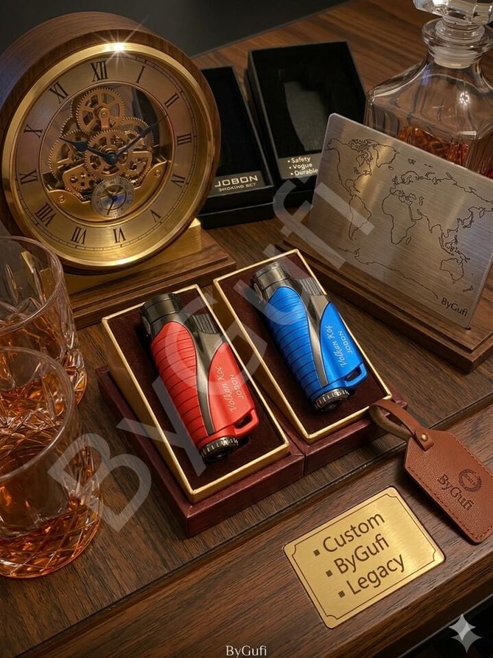 ByGufi Kişiye Özel Jobon Puro Çakmağı – Rüzgarda Sönmez Izgaralı, Lazer Baskılı Hediye