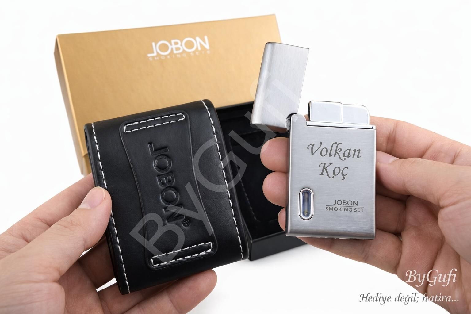 ByGufi Kişiye Özel JOBON Çakmak Seti | Lazer İsim Baskılı Metal Çakmak & Deri Kılıf Hediyeli