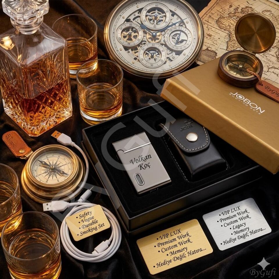 ByGufi Kişiye Özel JOBON Çakmak Seti | Lazer İsim Baskılı Metal Çakmak & Deri Kılıf Hediyeli