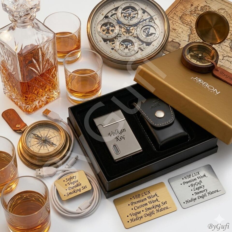 ByGufi Kişiye Özel JOBON Çakmak Seti | Lazer İsim Baskılı Metal Çakmak & Deri Kılıf Hediyeli