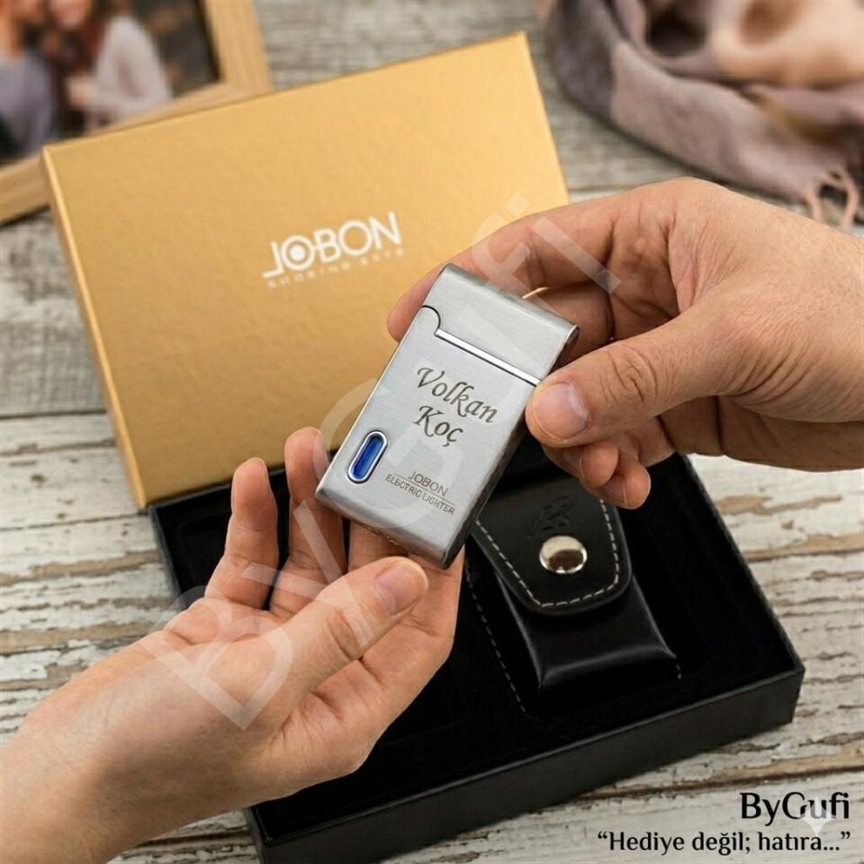 ByGufi Kişiye Özel JOBON Çakmak Seti | Lazer İsim Baskılı Metal Çakmak & Deri Kılıf Hediyeli