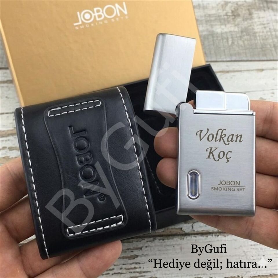 ByGufi Kişiye Özel JOBON Çakmak Seti | Lazer İsim Baskılı Metal Çakmak & Deri Kılıf Hediyeli