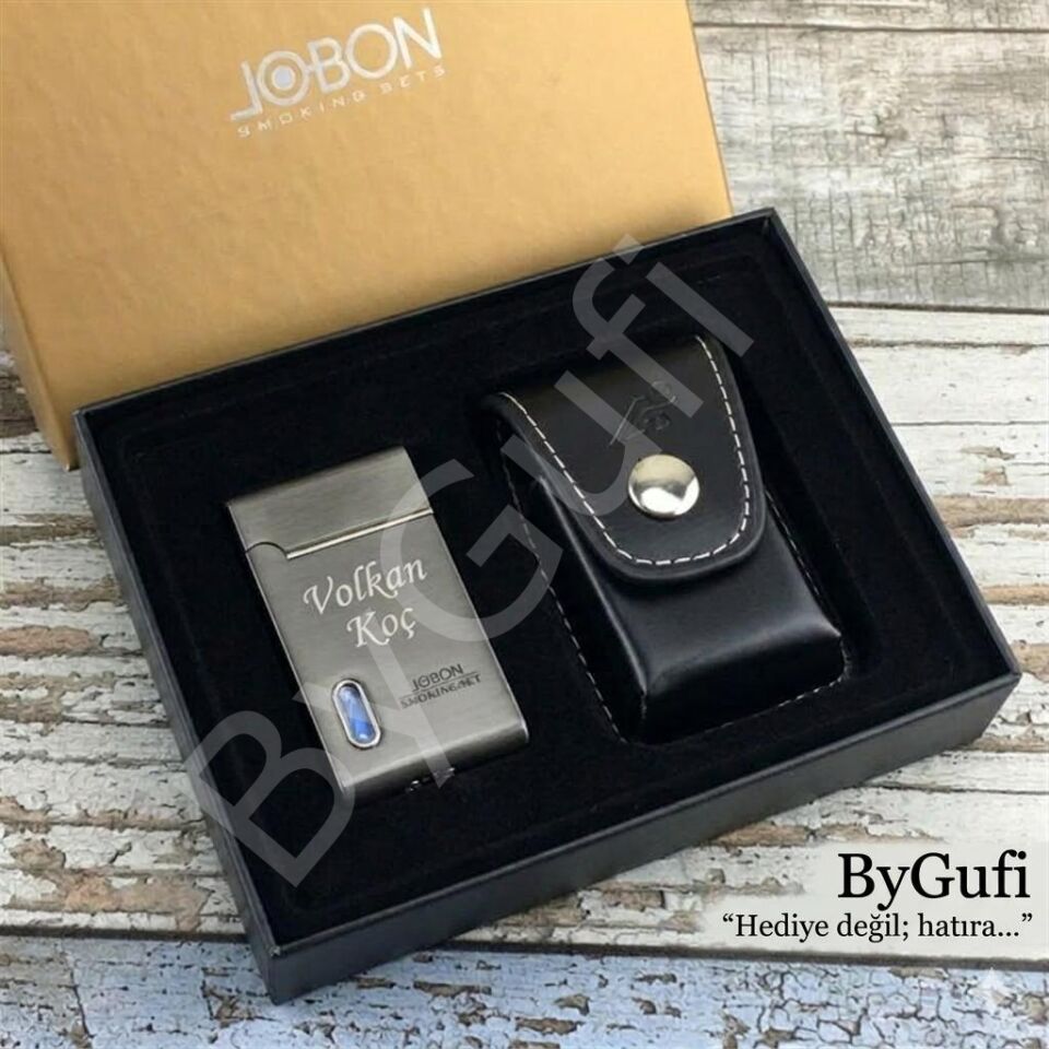 ByGufi Kişiye Özel JOBON Çakmak Seti | Lazer İsim Baskılı Metal Çakmak & Deri Kılıf Hediyeli