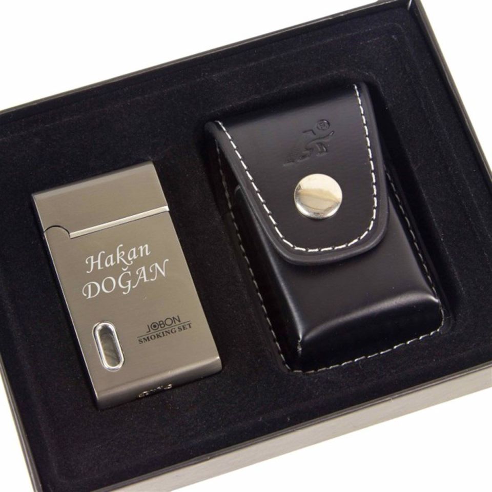 ByGufi Kişiye Özel JOBON Çakmak Seti | Lazer İsim Baskılı Metal Çakmak & Deri Kılıf Hediyeli
