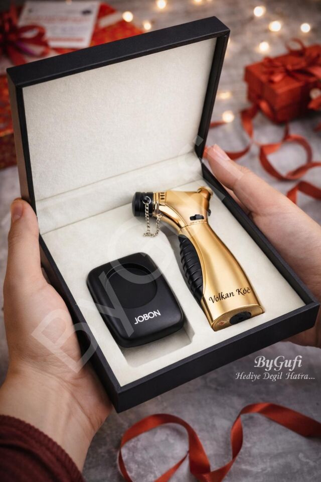 ByGufi Kişiye Özel JOBON Gold Pro Çakmak Seti | Lazer İsim Baskılı Masaüstü Pürmüz Çakmak