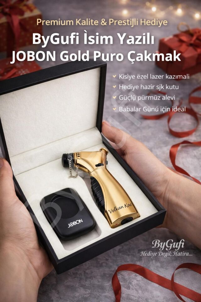 ByGufi Kişiye Özel JOBON Gold Pro Çakmak Seti | Lazer İsim Baskılı Masaüstü Pürmüz Çakmak