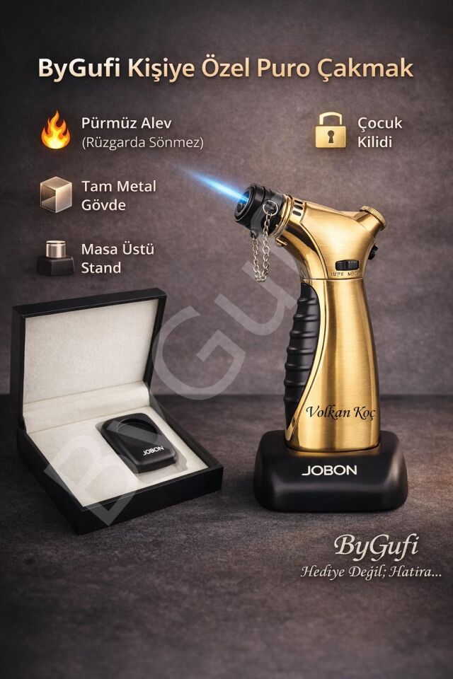 ByGufi Kişiye Özel JOBON Gold Pro Çakmak Seti | Lazer İsim Baskılı Masaüstü Pürmüz Çakmak