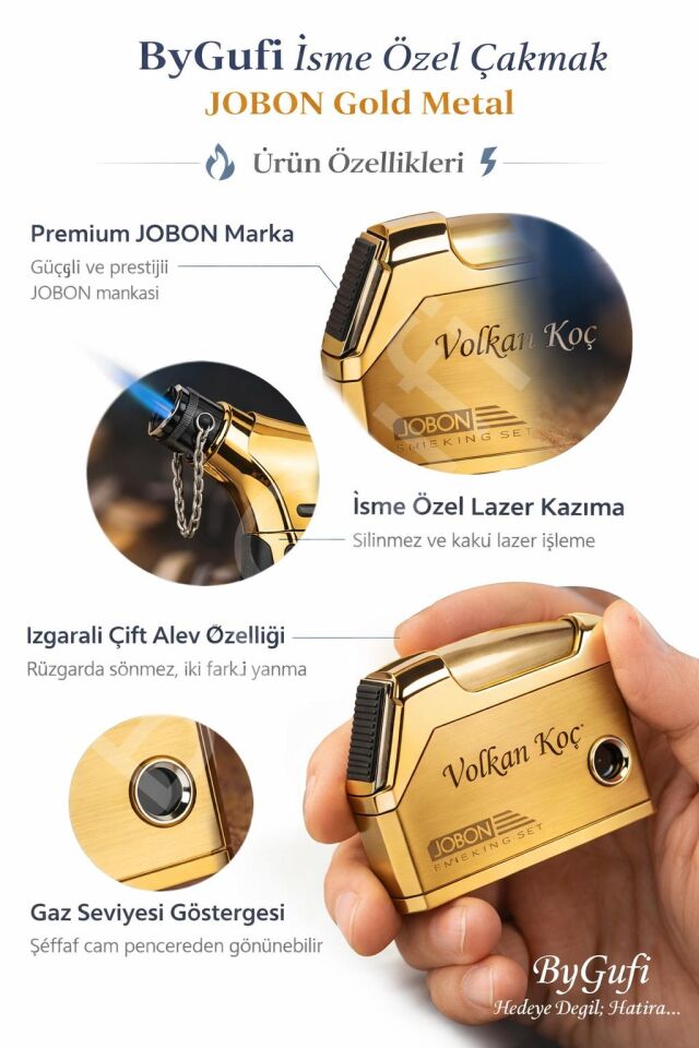 ByGufi İsme Özel Çakmak JOBON Gold Metal | Lazer Kazımalı Kişiye Özel Premium Hediye