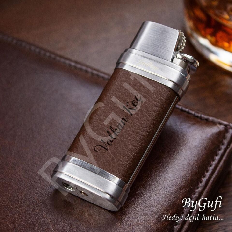 ByGufi Kişiye Özel JOBON Deri Kaplama Çakmak | Lazer İsim Baskılı Premium Metal Çakmak