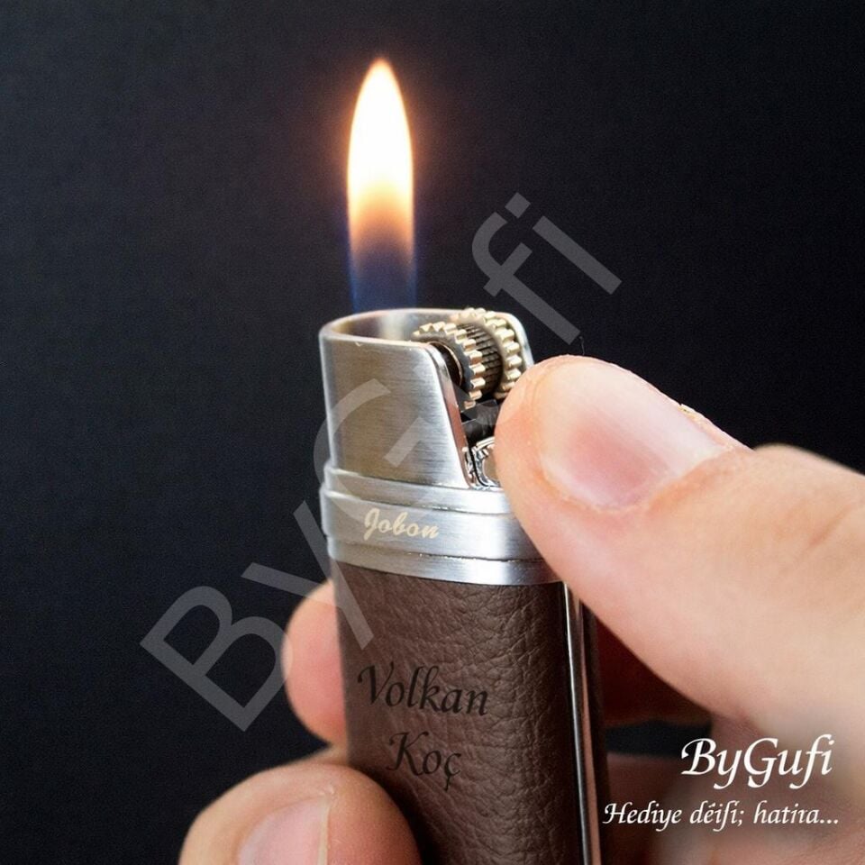 ByGufi Kişiye Özel JOBON Deri Kaplama Çakmak | Lazer İsim Baskılı Premium Metal Çakmak