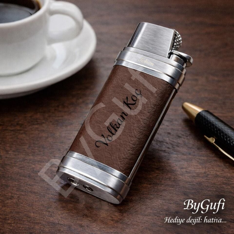 ByGufi Kişiye Özel JOBON Deri Kaplama Çakmak | Lazer İsim Baskılı Premium Metal Çakmak