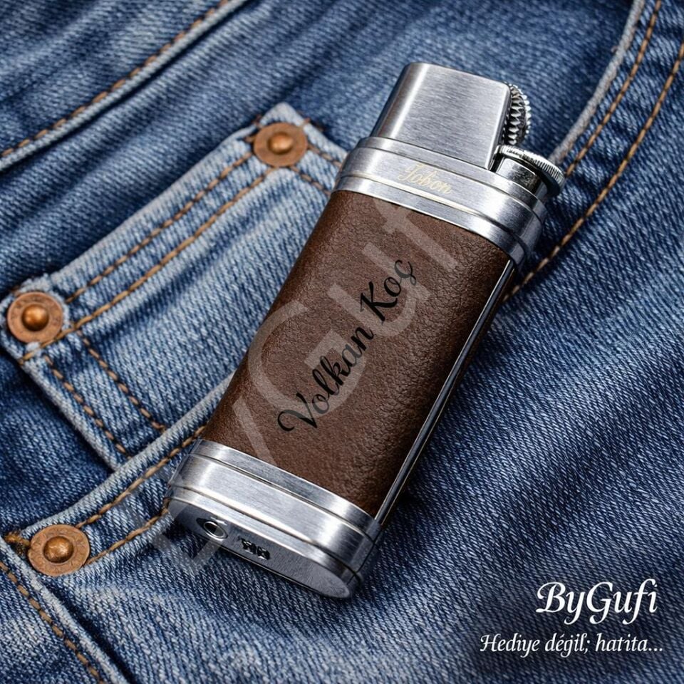 ByGufi Kişiye Özel JOBON Deri Kaplama Çakmak | Lazer İsim Baskılı Premium Metal Çakmak