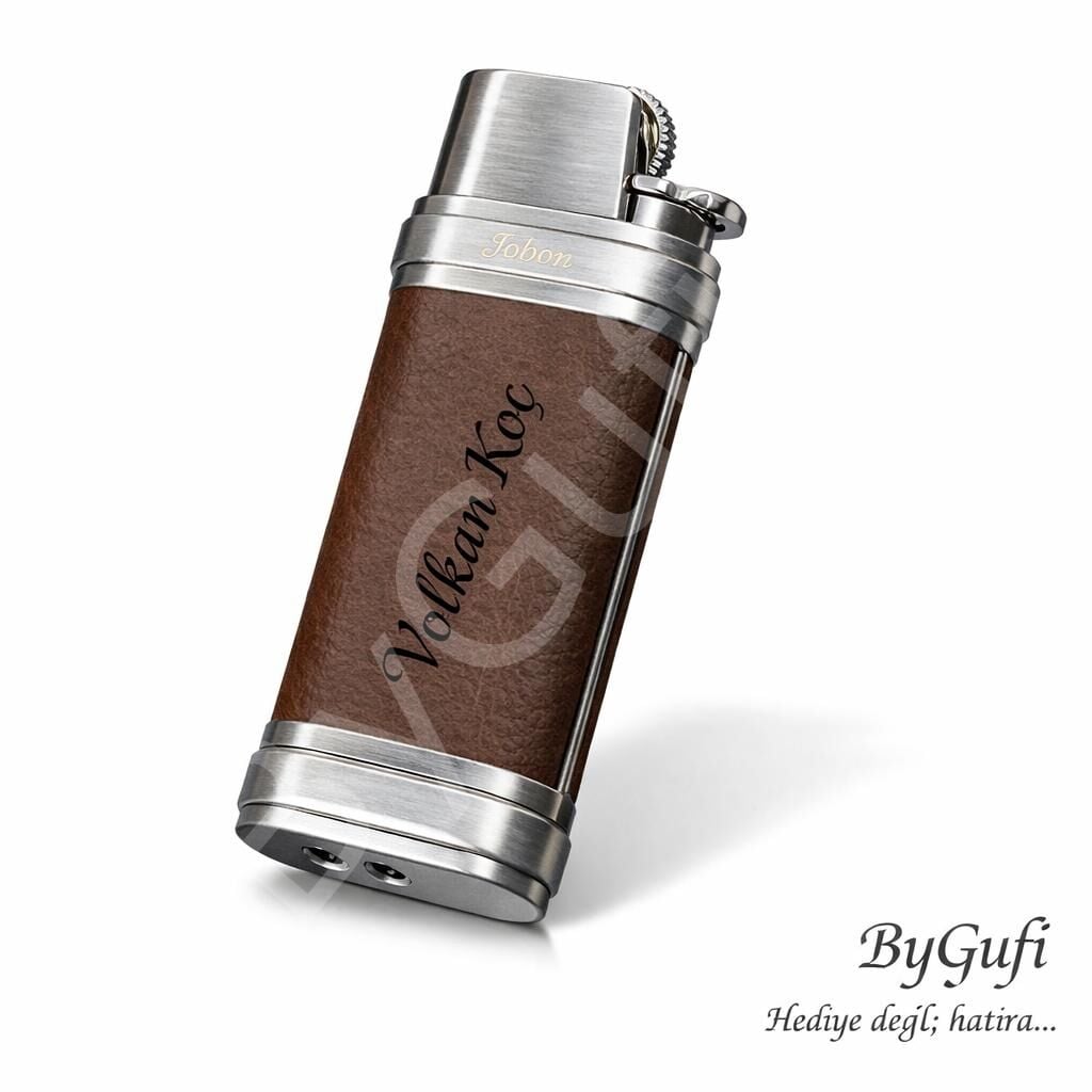 ByGufi Kişiye Özel JOBON Deri Kaplama Çakmak | Lazer İsim Baskılı Premium Metal Çakmak