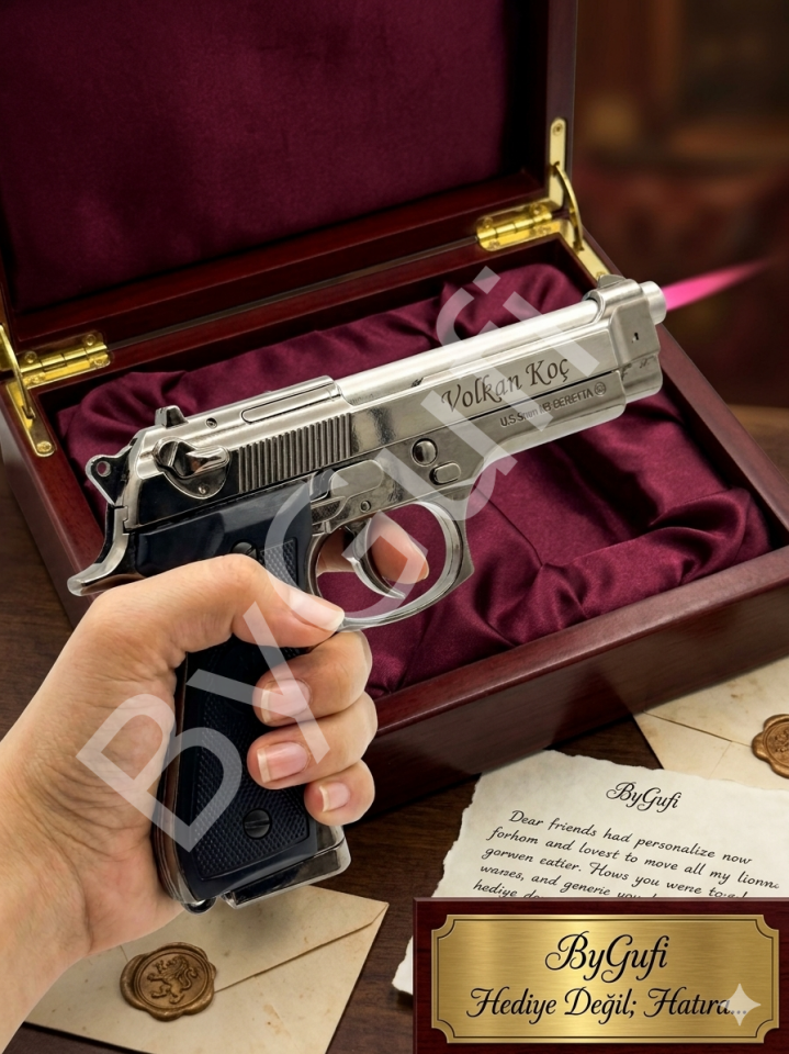 ByGufi İsme Özel Hediye Komple Metal Baretta Çakmak – Gümüş