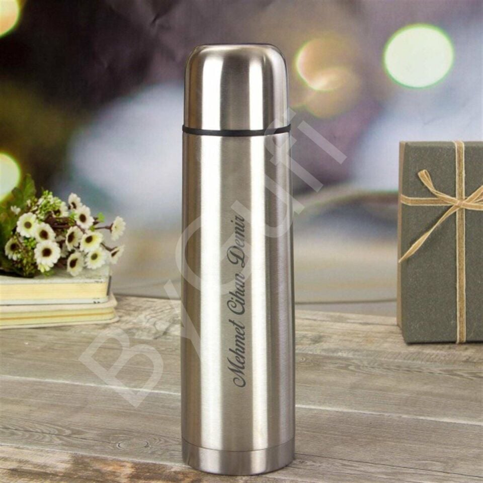 ByGufi İsme Özel Hediye Deri Çantalı Çelik Termos
