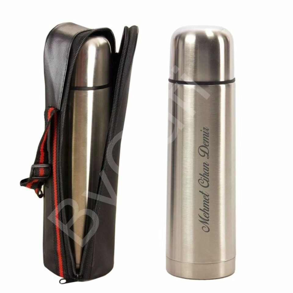 ByGufi İsme Özel Hediye Deri Çantalı Çelik Termos