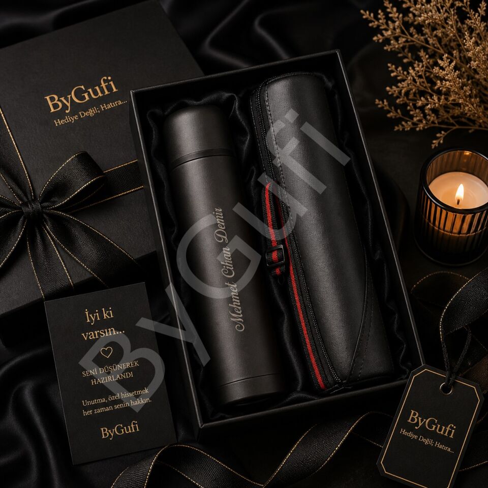 ByGufi İsme Özel Hediye Deri Çantalı Çelik Termos