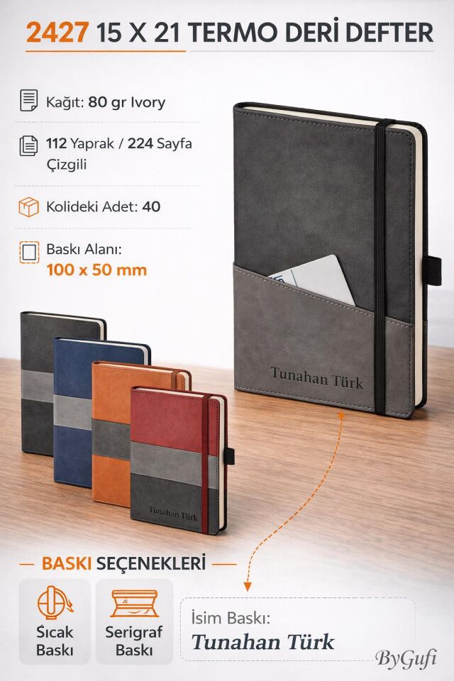ByGufi 2427 Kişiye Özel 15x21 cm Termo Deri Defter / Ajanda – İsim Baskılı