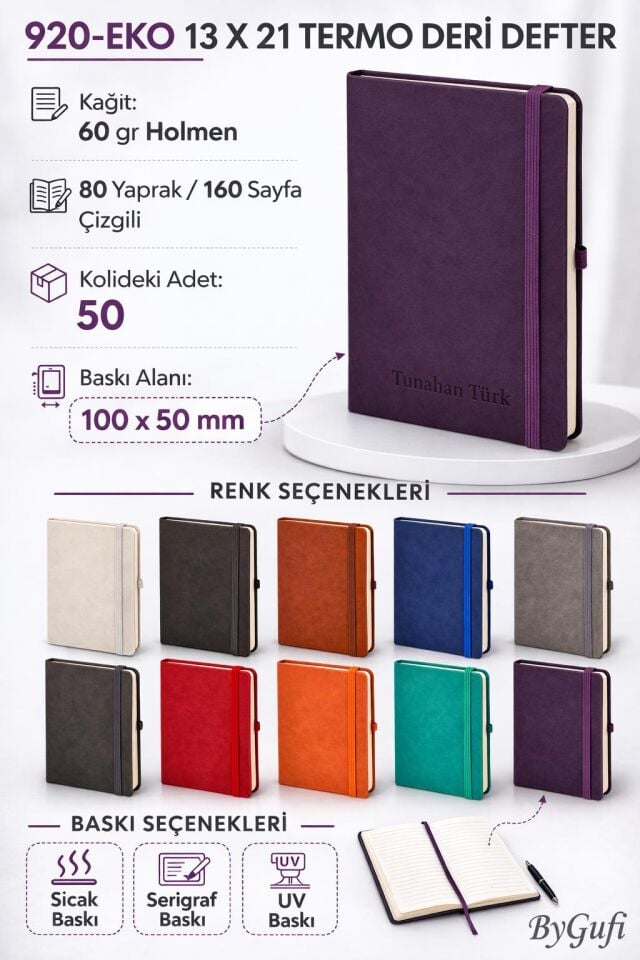 ByGufi 920-EKO Kişiye Özel 13x21 cm Termo Deri Defter – İsim Baskılı