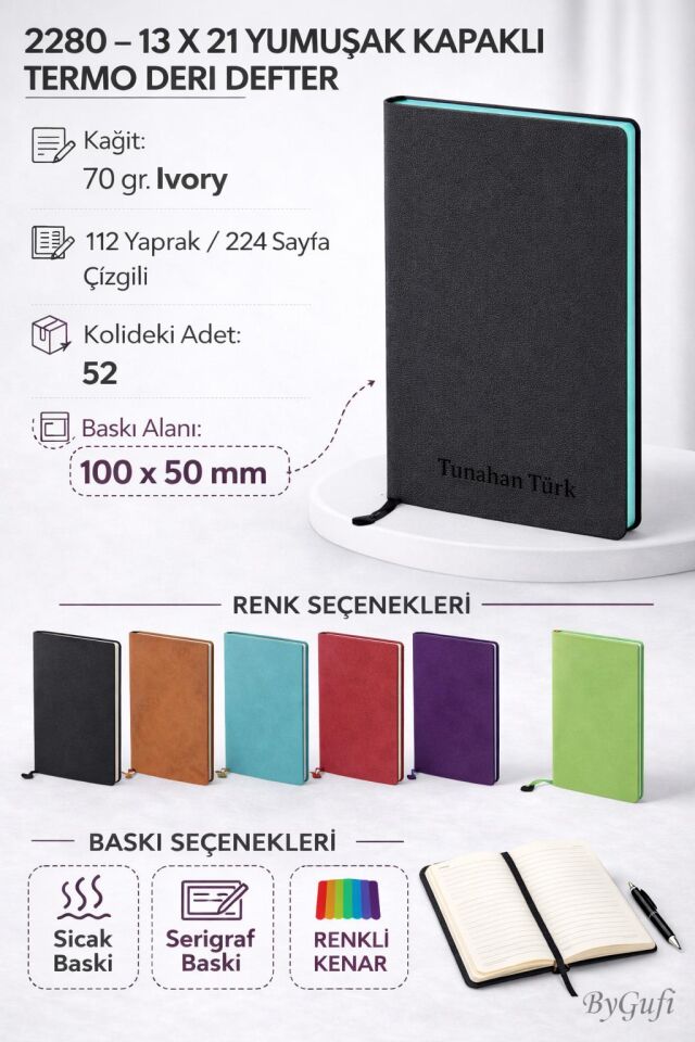 ByGufi 2280 Kişiye Özel 13x21 cm Yumuşak Kapaklı Termo Deri Defter – İsim Baskılı