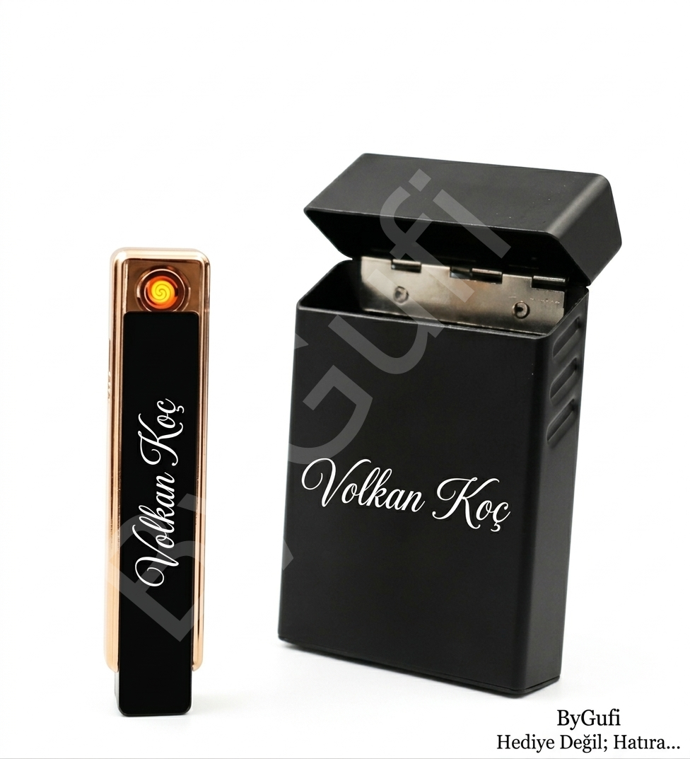 ByGufi Kişiye Özel USB Şarjlı Çakmak ve Sigara Kutusu Seti