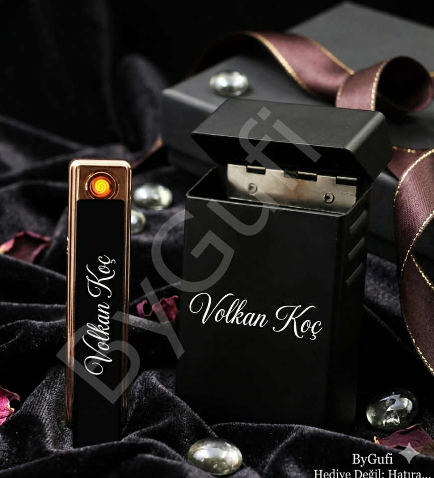 ByGufi Kişiye Özel USB Şarjlı Çakmak ve Sigara Kutusu Seti